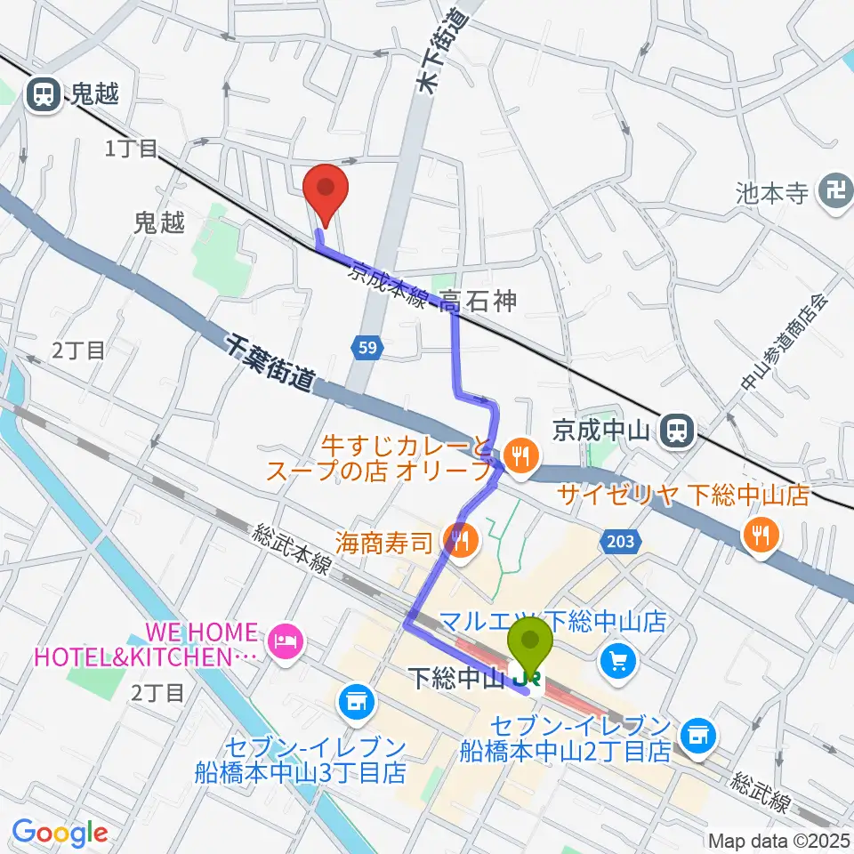 下総中山駅からベル音楽教室へのルートマップ地図