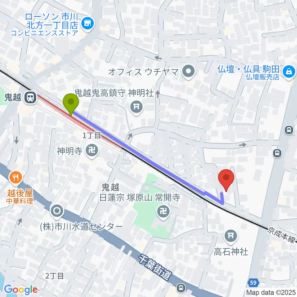 ベル音楽教室の最寄駅鬼越駅からの徒歩ルート（約5分）地図