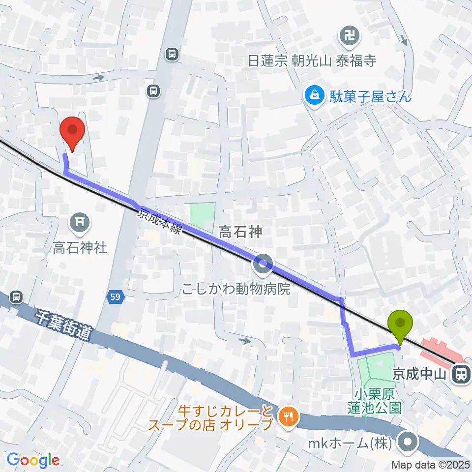 京成中山駅からベル音楽教室へのルートマップ地図
