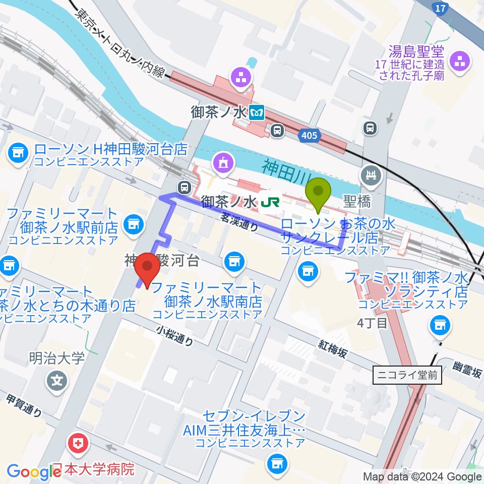 クロサワバイオリンお茶の水店の最寄駅御茶ノ水駅からの徒歩ルート（約3分）地図