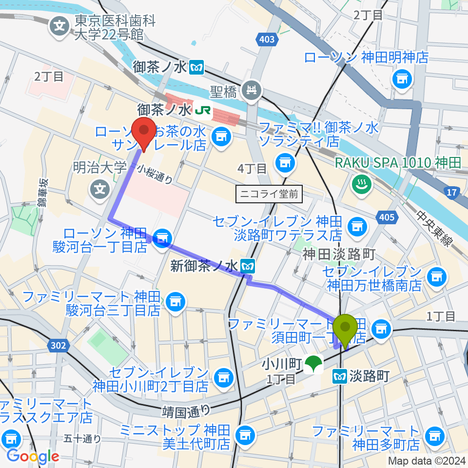 淡路町駅からクロサワバイオリンお茶の水店へのルートマップ地図