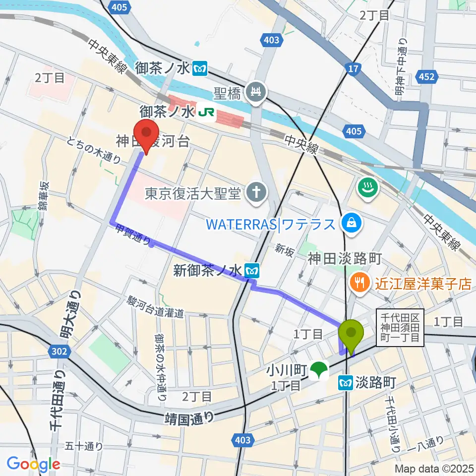淡路町駅からクロサワバイオリンお茶の水店へのルートマップ地図