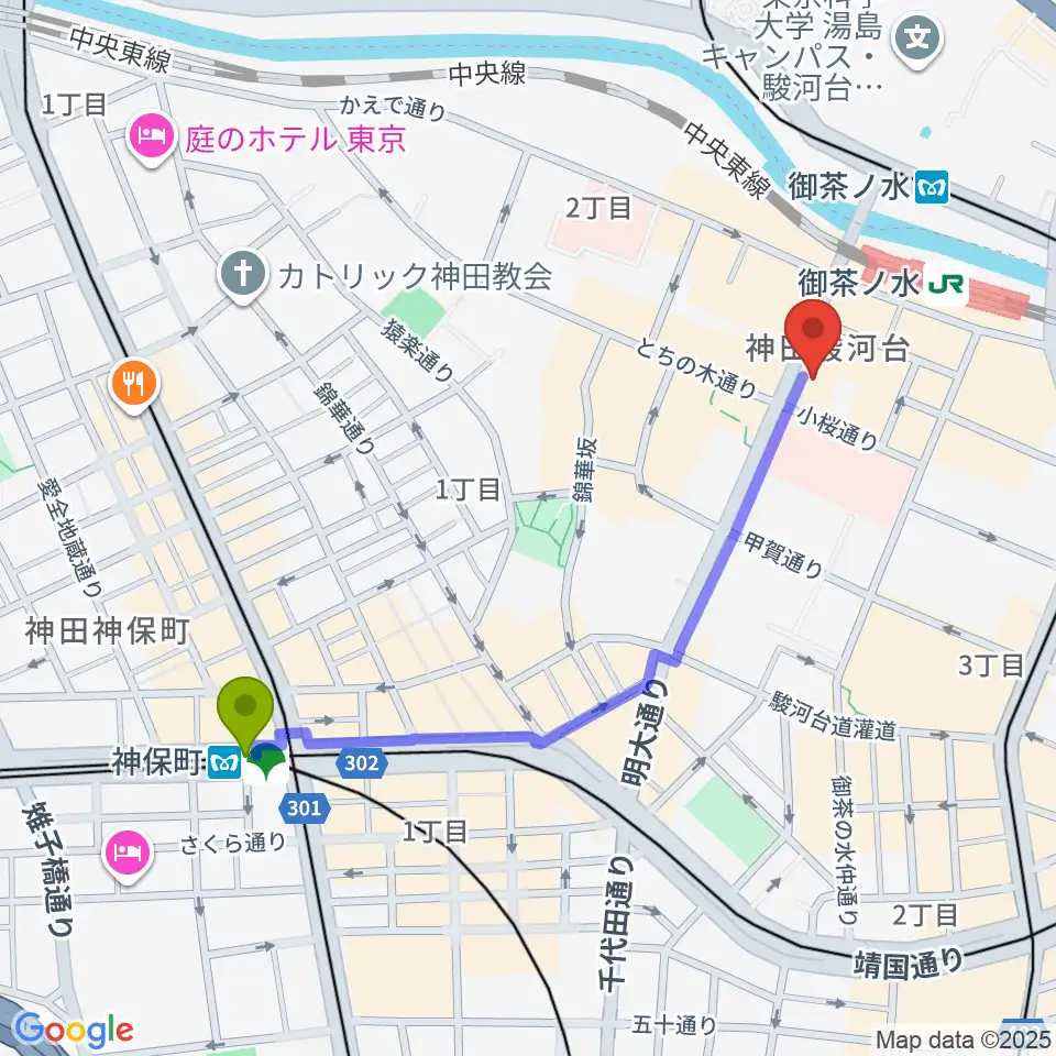 神保町駅からクロサワバイオリンお茶の水店へのルートマップ地図