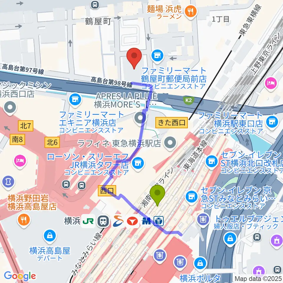 クロサワバイオリン横浜店の最寄駅横浜駅からの徒歩ルート（約4分）地図