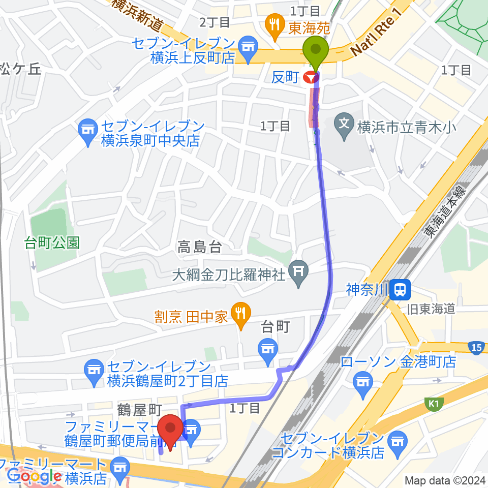反町駅からクロサワバイオリン横浜店へのルートマップ地図