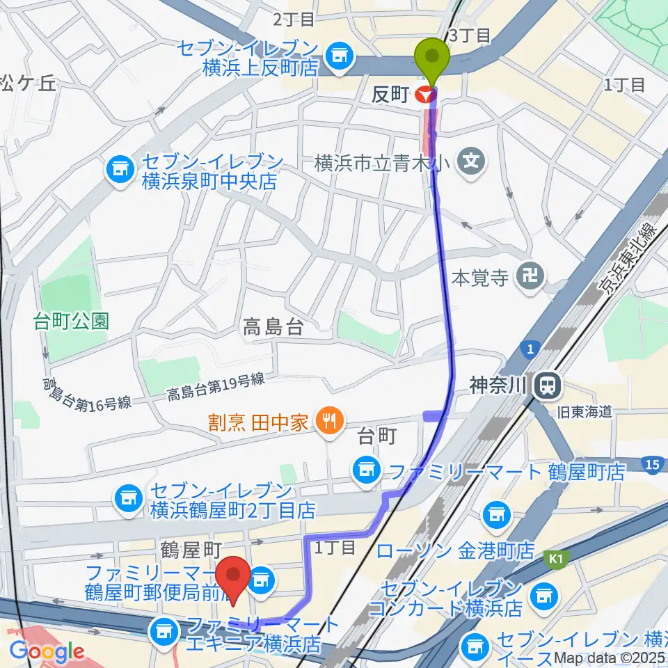 反町駅からクロサワバイオリン横浜店へのルートマップ地図
