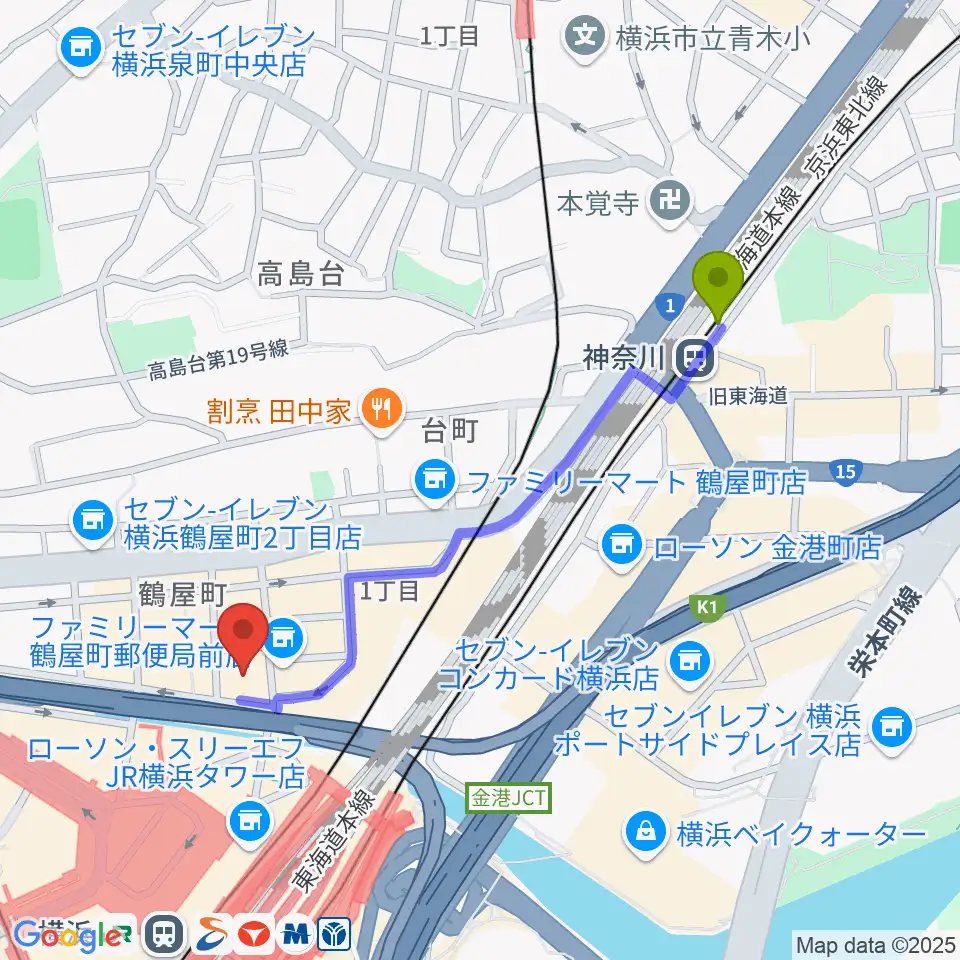 神奈川駅からクロサワバイオリン横浜店へのルートマップ地図