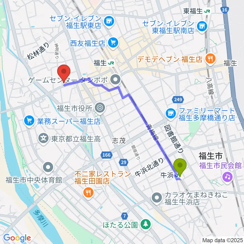 牛浜駅からギター工房アナグマへのルートマップ地図