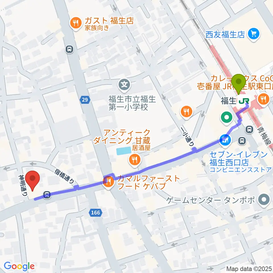 ギター工房アナグマの最寄駅福生駅からの徒歩ルート（約6分）地図