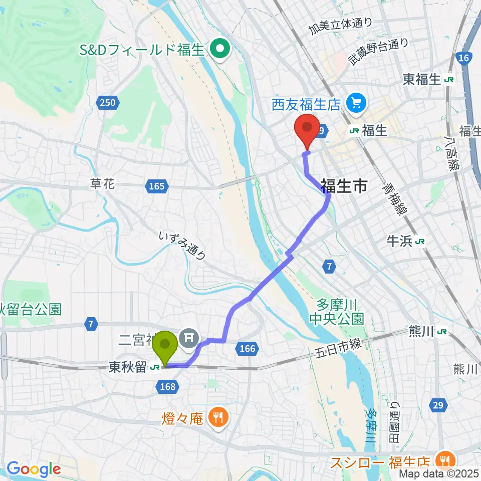 東秋留駅からギター工房アナグマへのルートマップ地図