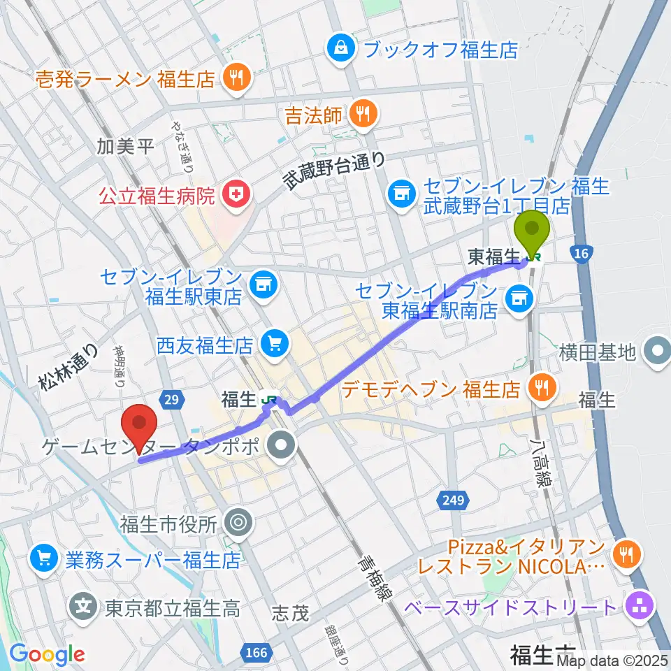 東福生駅からギター工房アナグマへのルートマップ地図