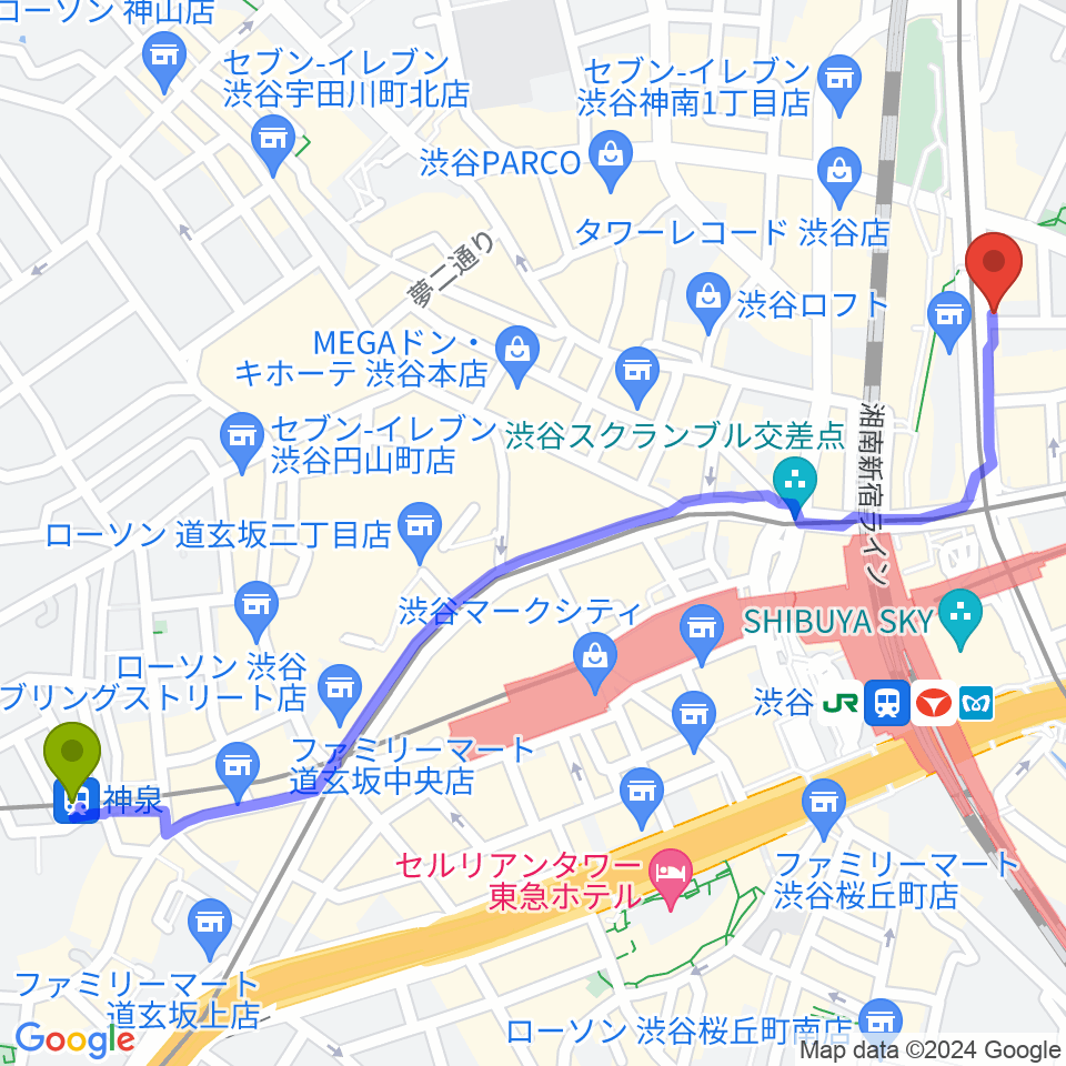 神泉駅からクロサワバイオリン渋谷本店へのルートマップ地図
