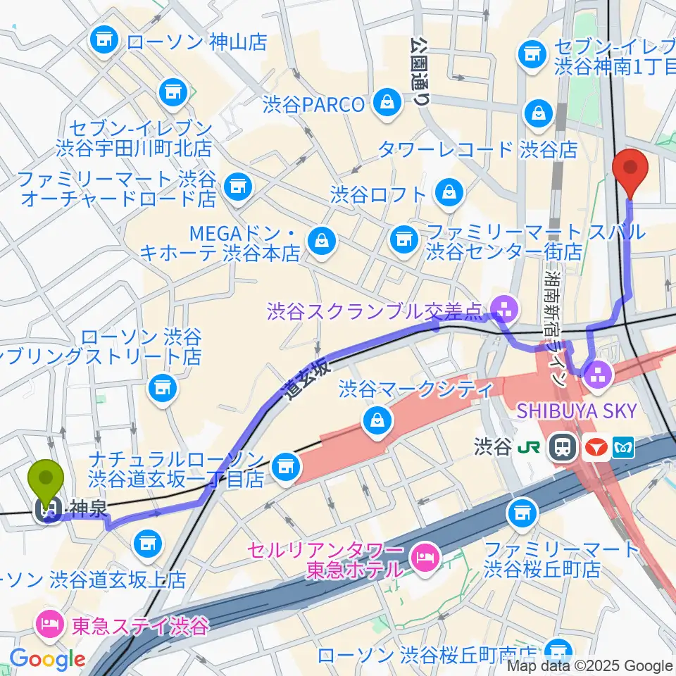 神泉駅からクロサワバイオリン渋谷本店へのルートマップ地図
