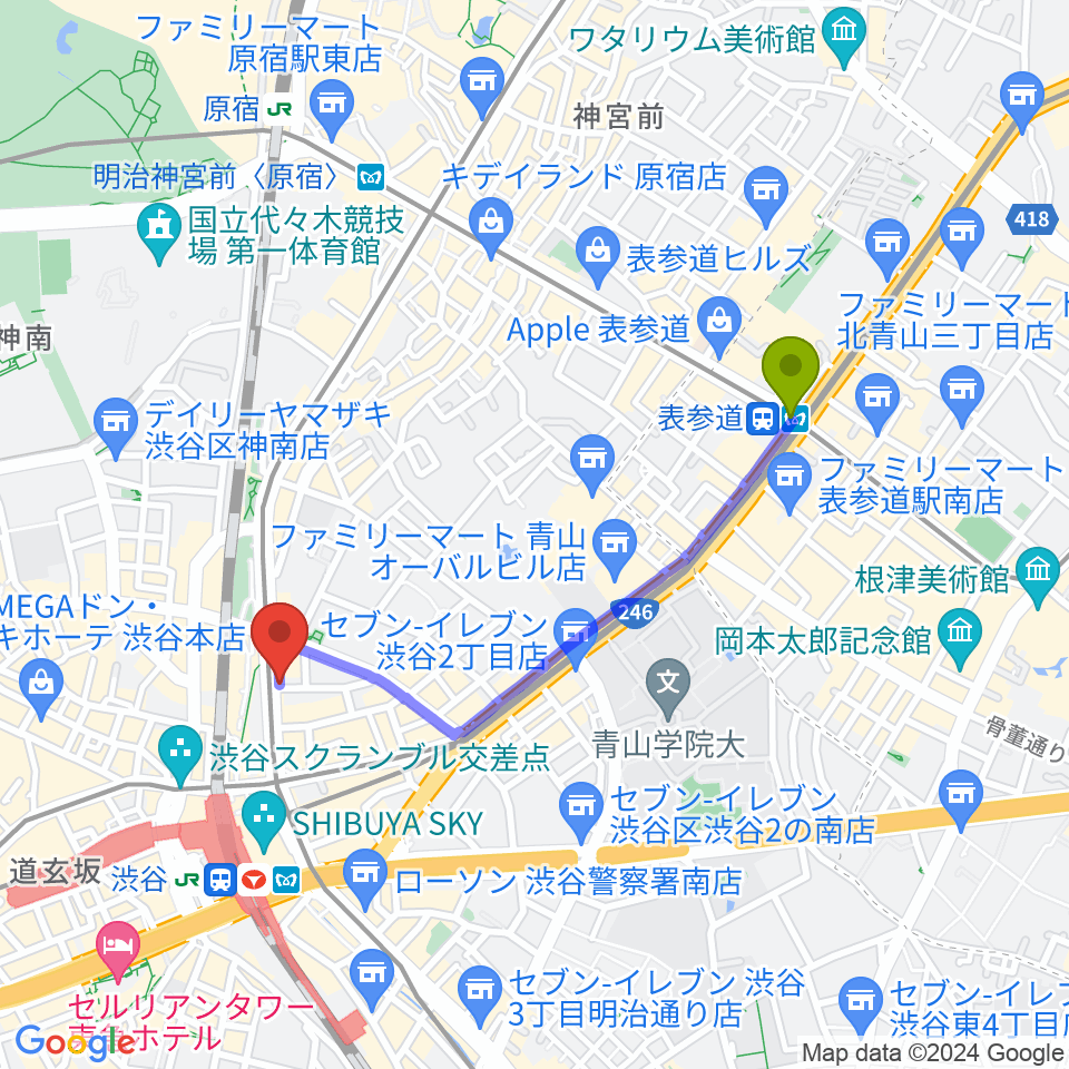 表参道駅からクロサワバイオリン渋谷本店へのルートマップ地図