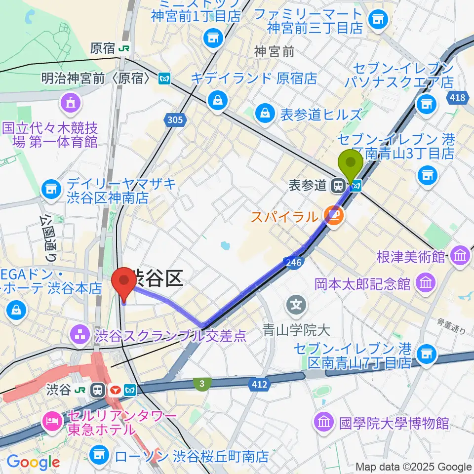 表参道駅からクロサワバイオリン渋谷本店へのルートマップ地図