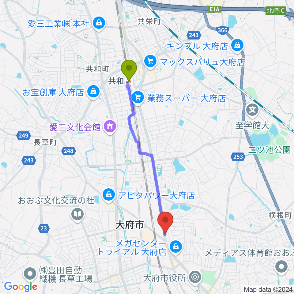 共和駅から鈴木バイオリン製造株式会社へのルートマップ地図