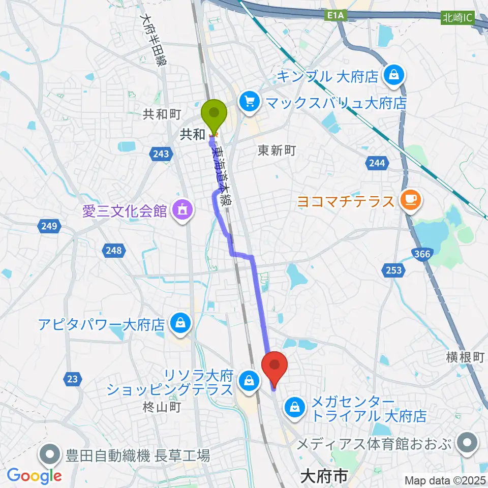 共和駅から鈴木バイオリン製造株式会社へのルートマップ地図