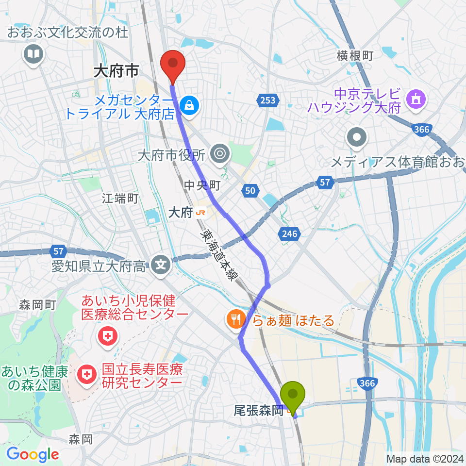 尾張森岡駅から鈴木バイオリン製造株式会社へのルートマップ地図