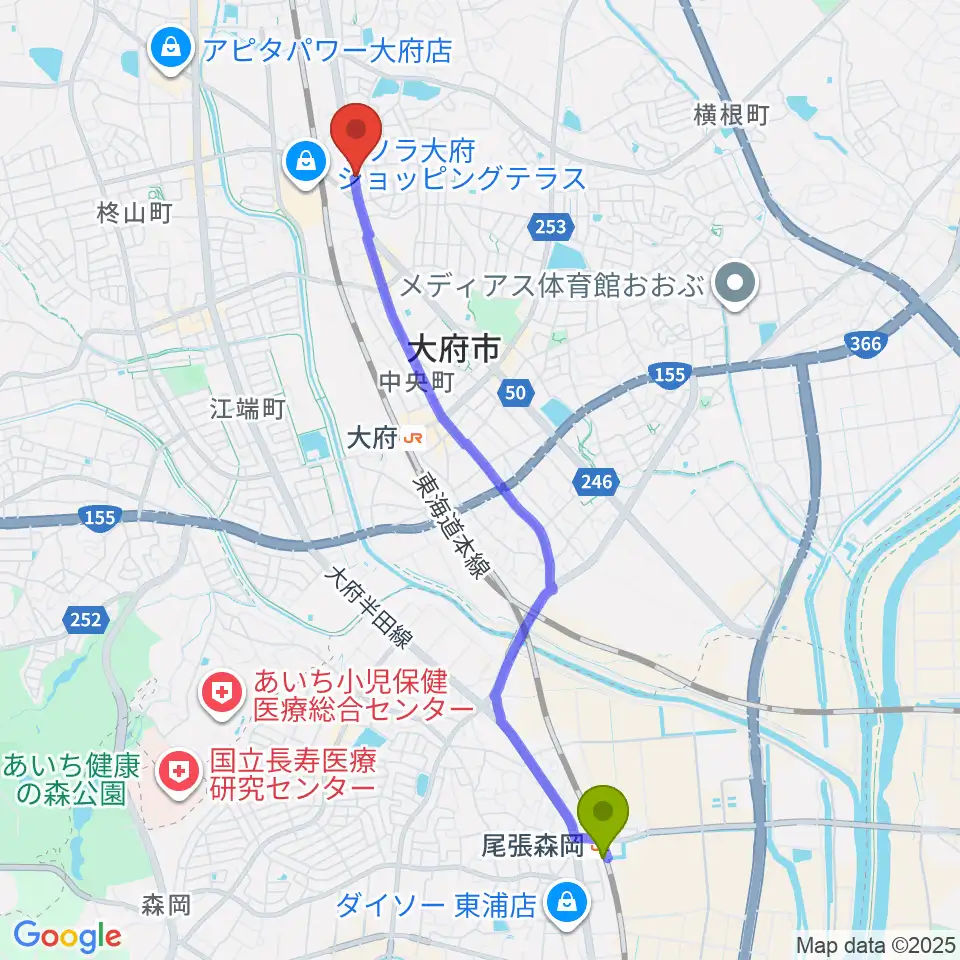 尾張森岡駅から鈴木バイオリン製造株式会社へのルートマップ地図