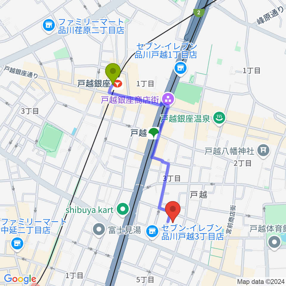 戸越銀座駅からスズキ・メソード トゥインクル音楽院へのルートマップ地図