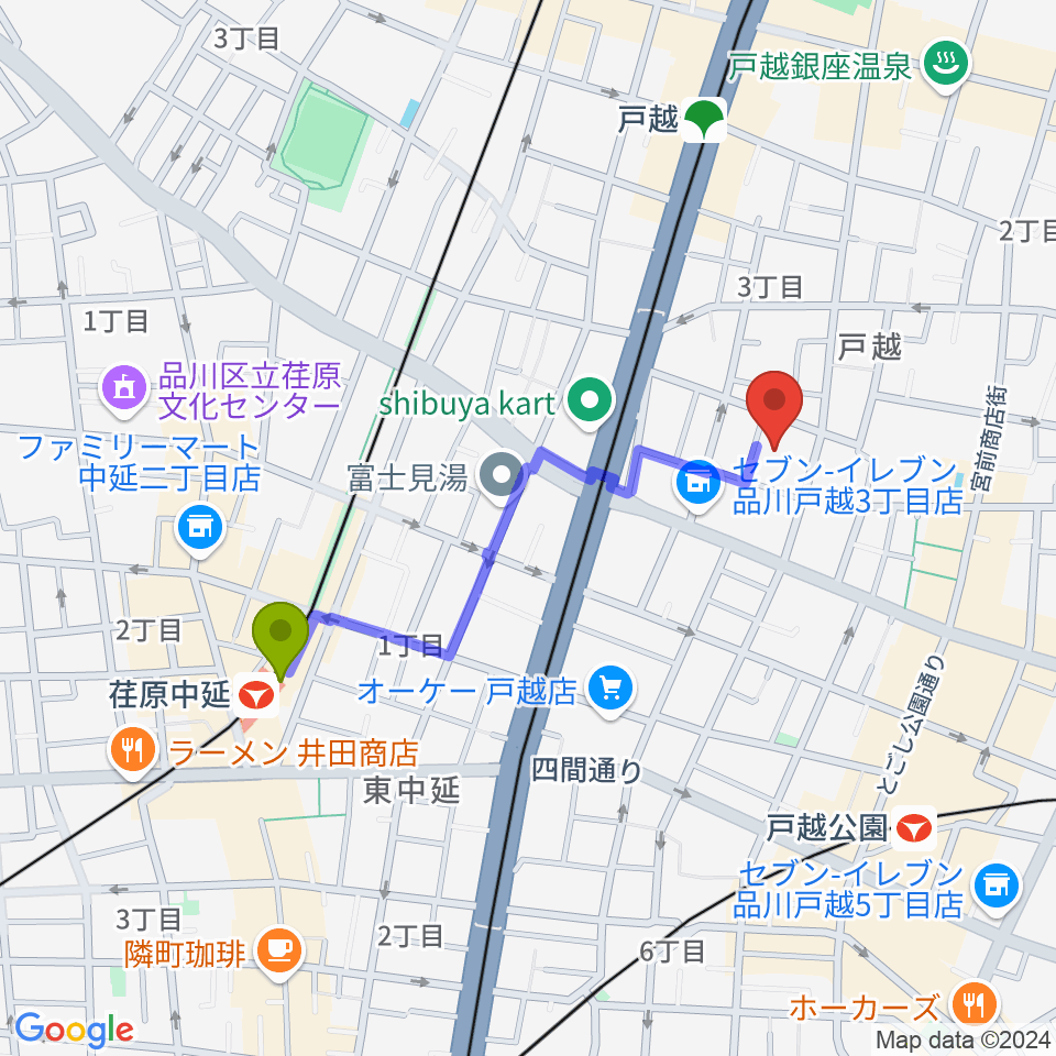 荏原中延駅からスズキ・メソード トゥインクル音楽院へのルートマップ地図