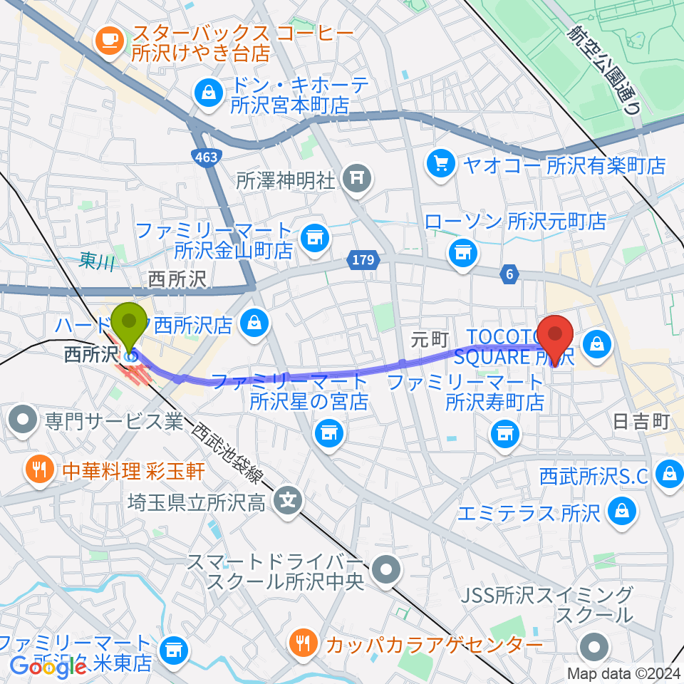 西所沢駅からトコハナ音楽教室へのルートマップ地図