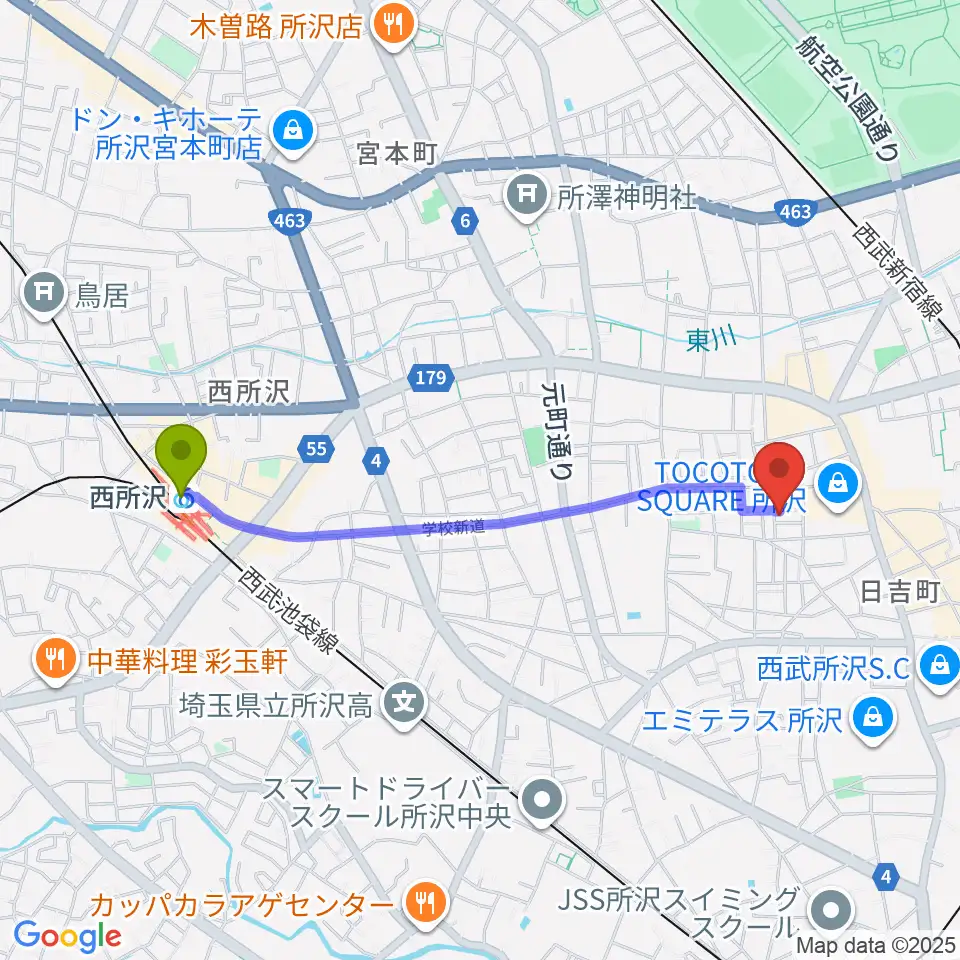 西所沢駅からトコハナ音楽教室へのルートマップ地図