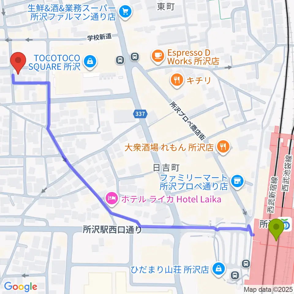 トコハナ音楽教室の最寄駅所沢駅からの徒歩ルート（約8分）地図