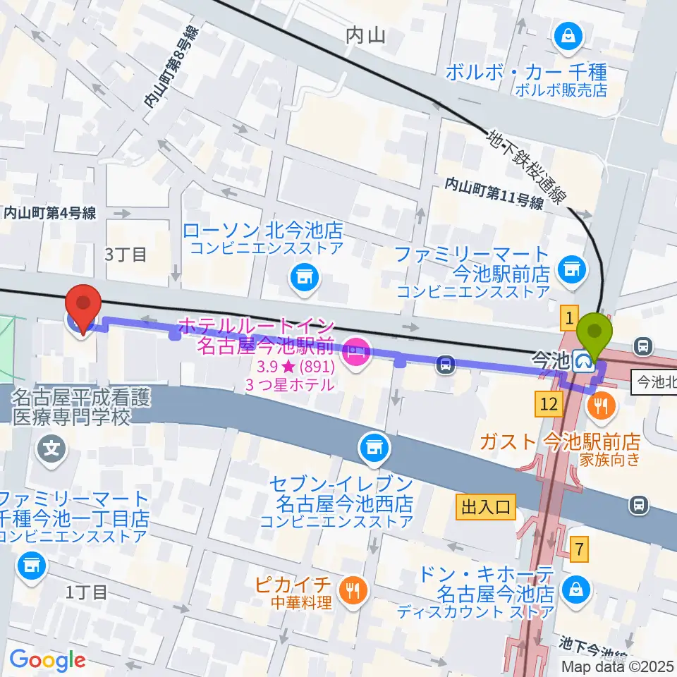 今池駅からメヌエットヴァイオリン教室へのルートマップ地図