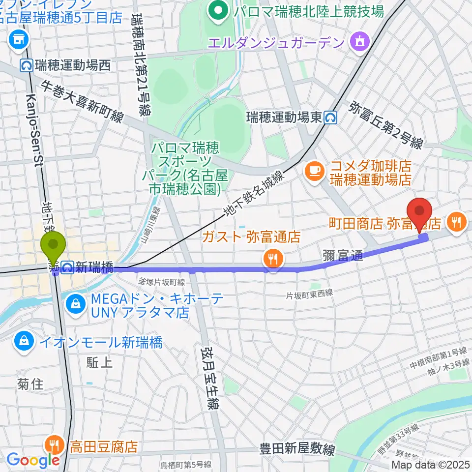 新瑞橋駅から弦楽器 修理・改造 Age'sへのルートマップ地図