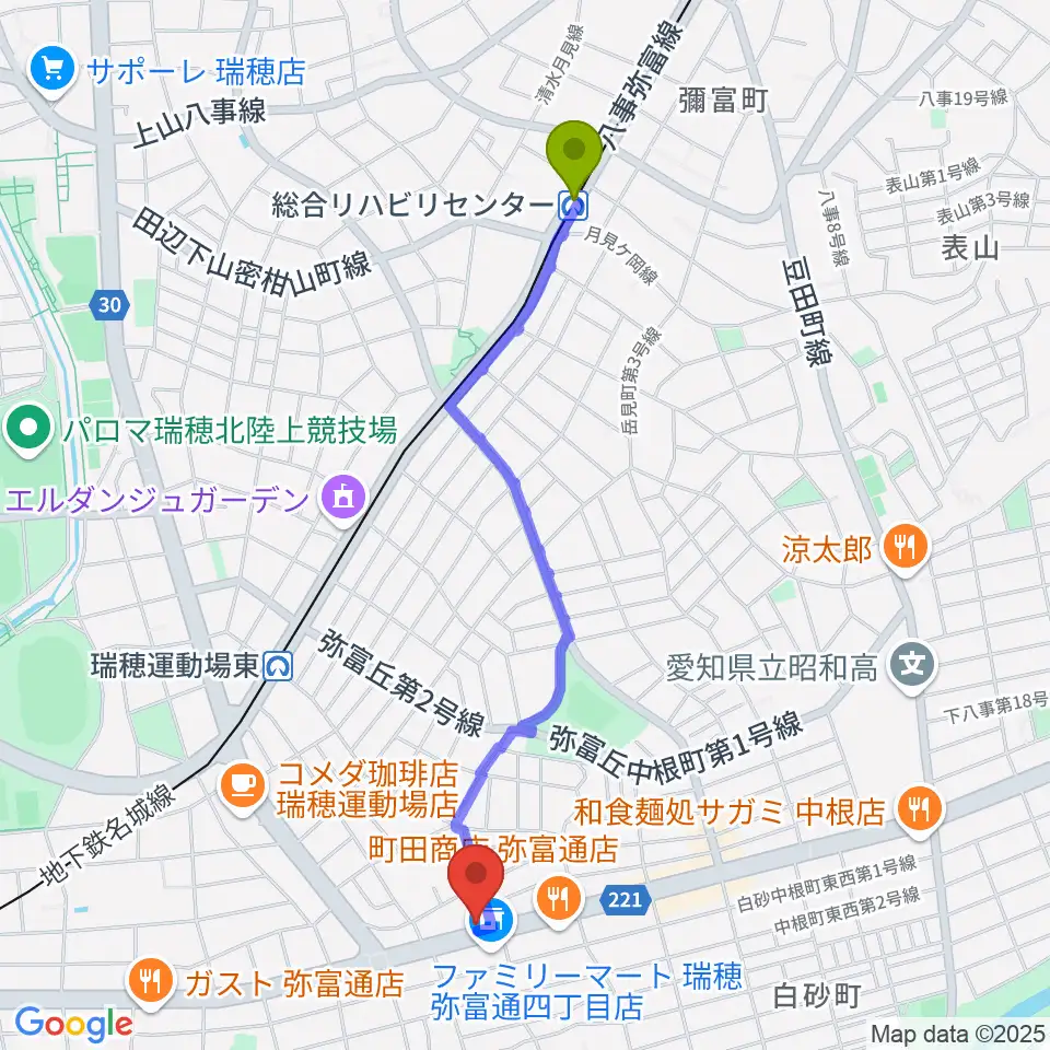 総合リハビリセンター駅から弦楽器 修理・改造 Age'sへのルートマップ地図