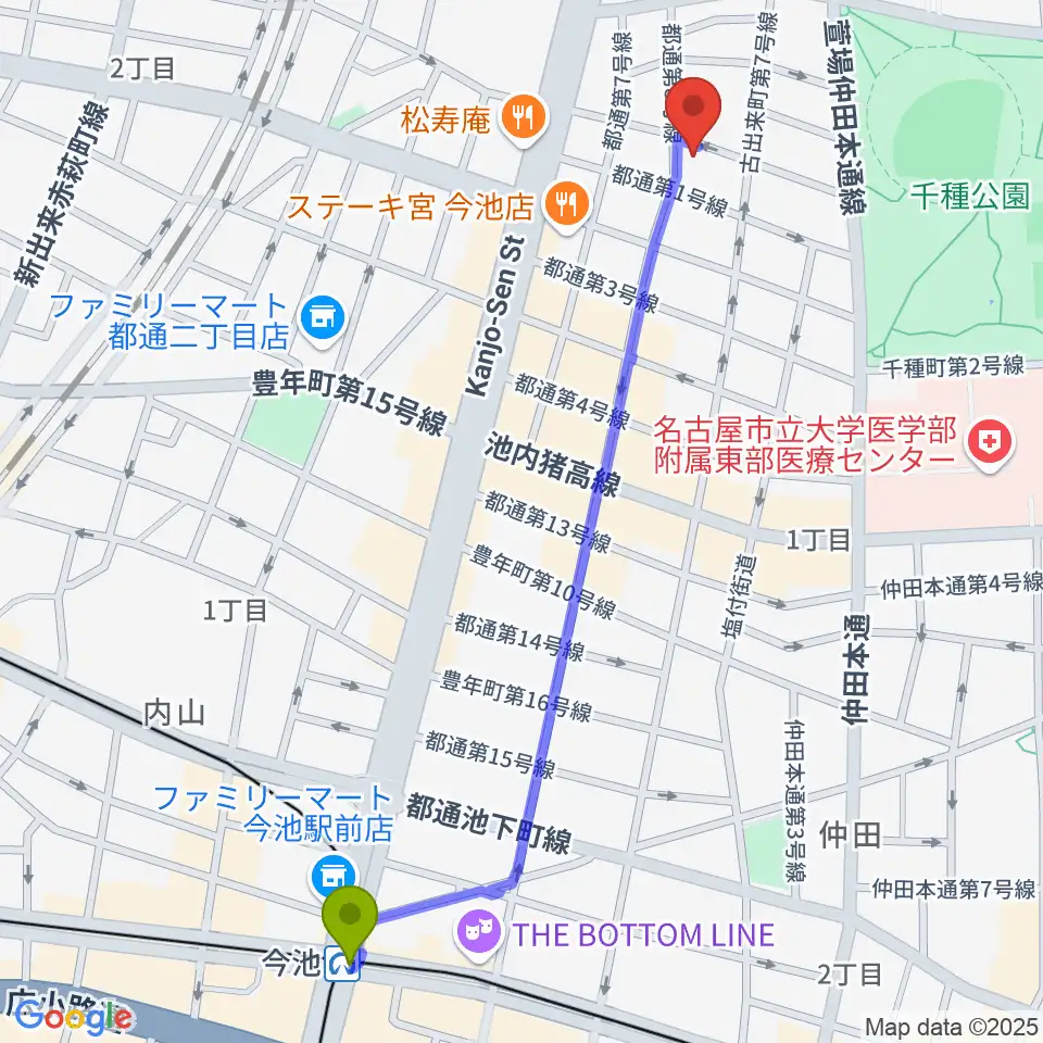 アリアギター・ショールームの最寄駅今池駅からの徒歩ルート（約13分）地図