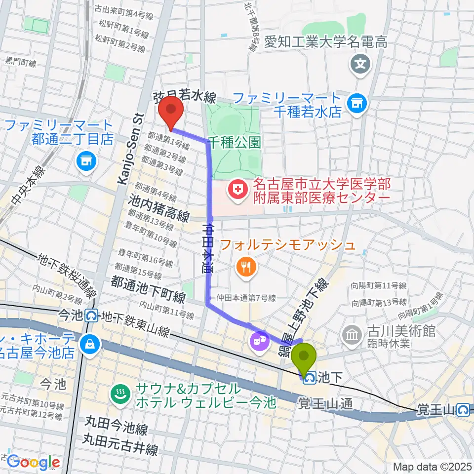 池下駅からアリアギター・ショールームへのルートマップ地図
