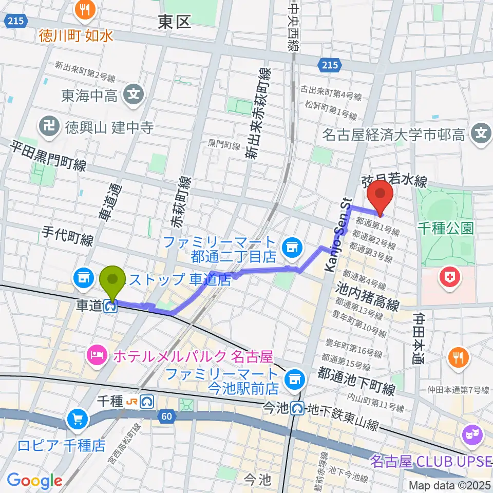 車道駅からアリアギター・ショールームへのルートマップ地図