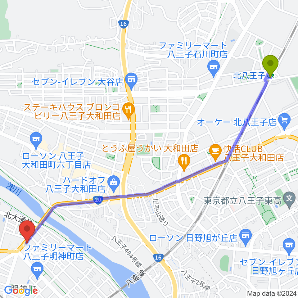 北八王子駅から磯野チェロ教室へのルートマップ地図