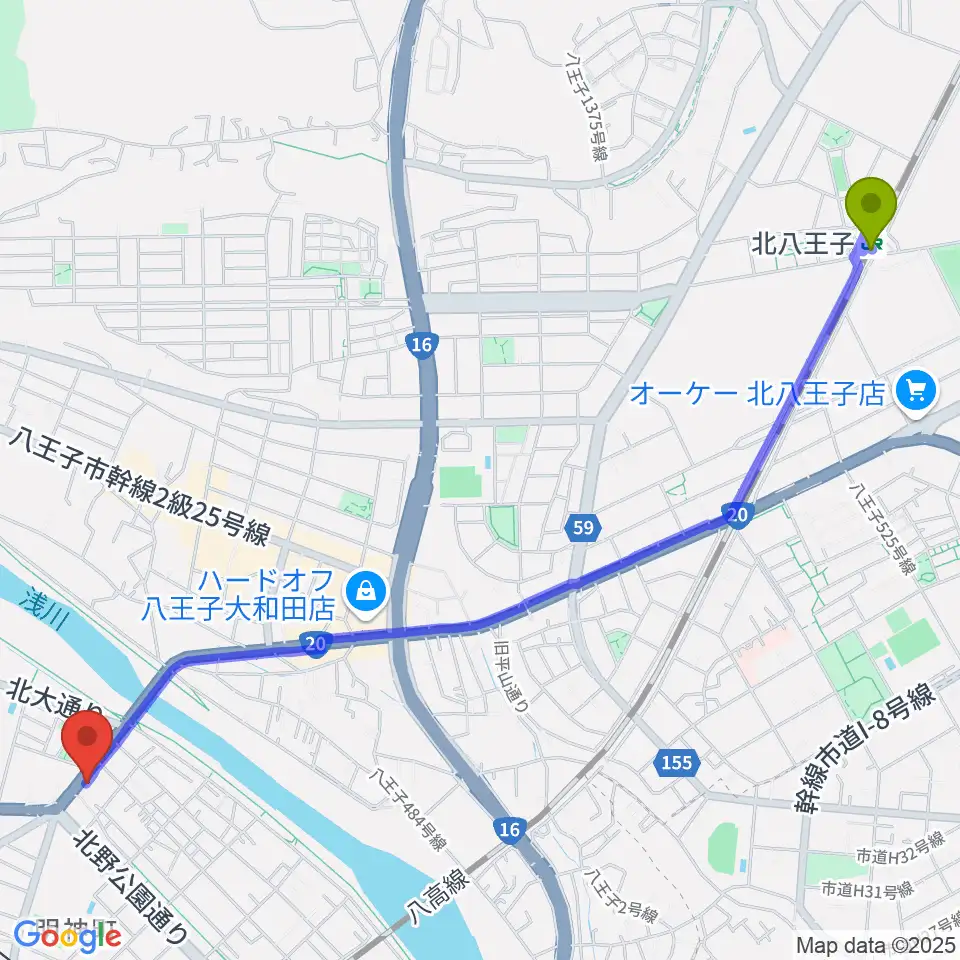 北八王子駅から磯野チェロ教室へのルートマップ地図