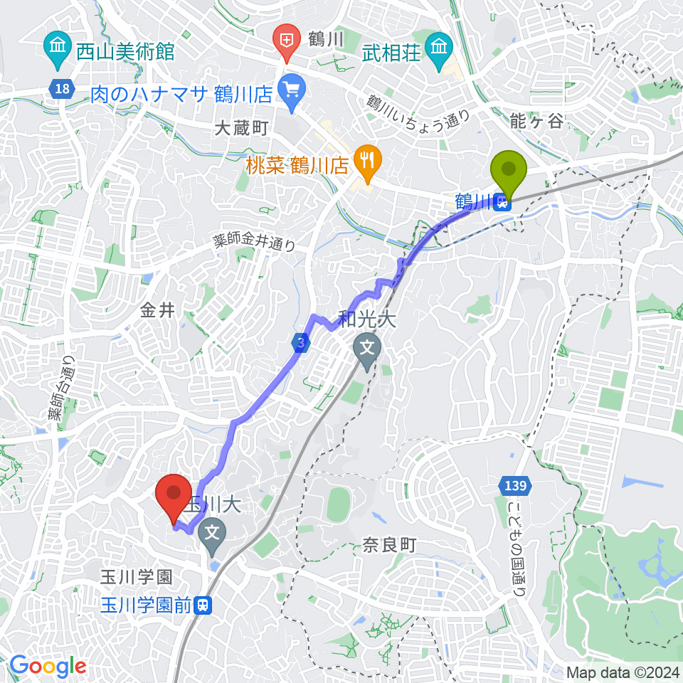 鶴川駅から茶位ギター工房へのルートマップ地図