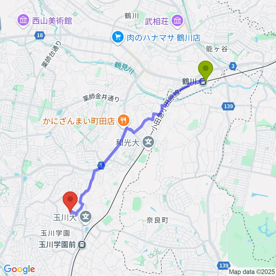鶴川駅から茶位ギター工房へのルートマップ地図