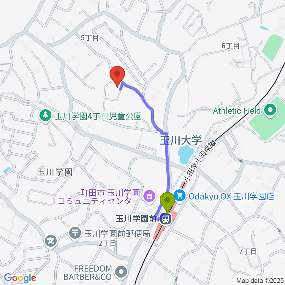 茶位ギター工房の最寄駅玉川学園前駅からの徒歩ルート（約7分）地図