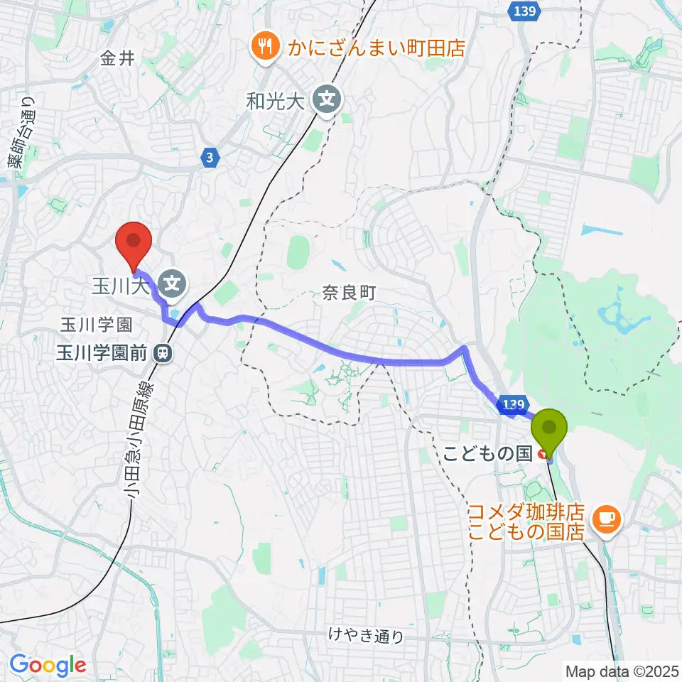 こどもの国駅から茶位ギター工房へのルートマップ地図