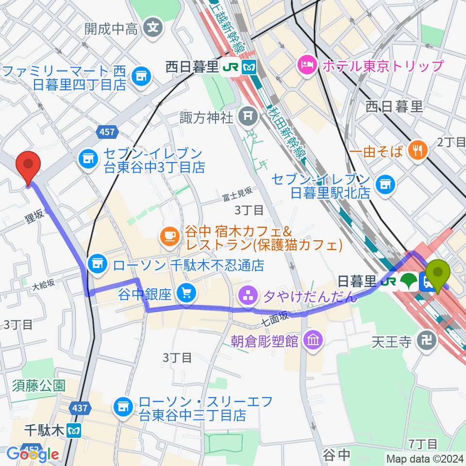 日暮里駅から大澤久チェロ教室へのルートマップ地図