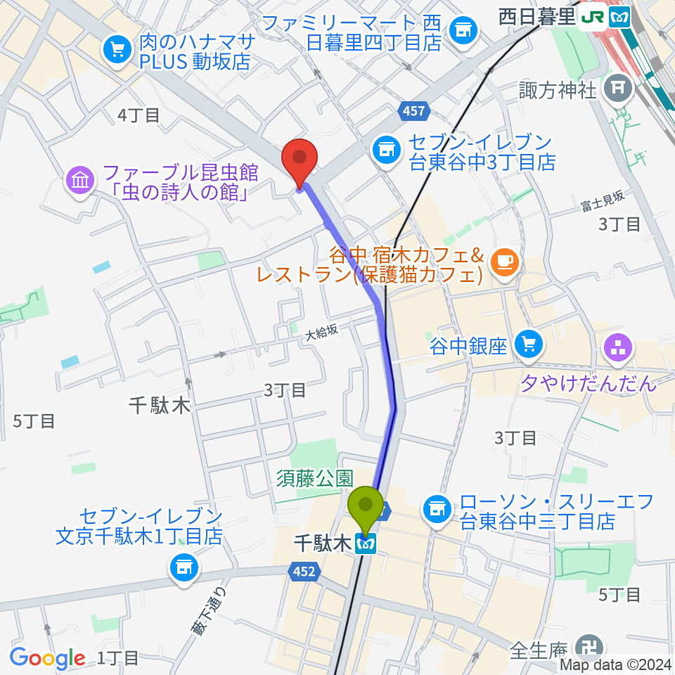 千駄木駅から大澤久チェロ教室へのルートマップ地図