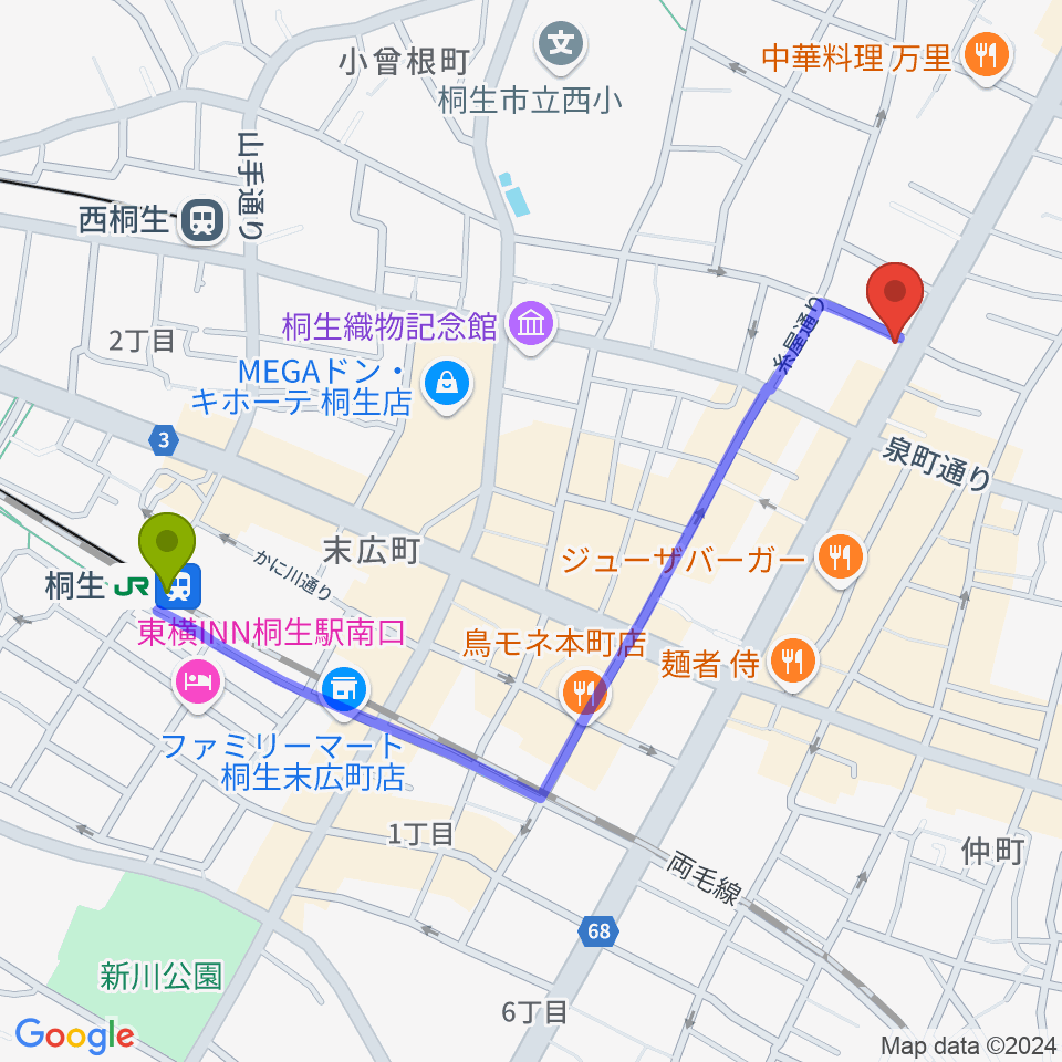 伊藤丈晃ヴァイオリン工房の最寄駅桐生駅からの徒歩ルート（約11分）地図