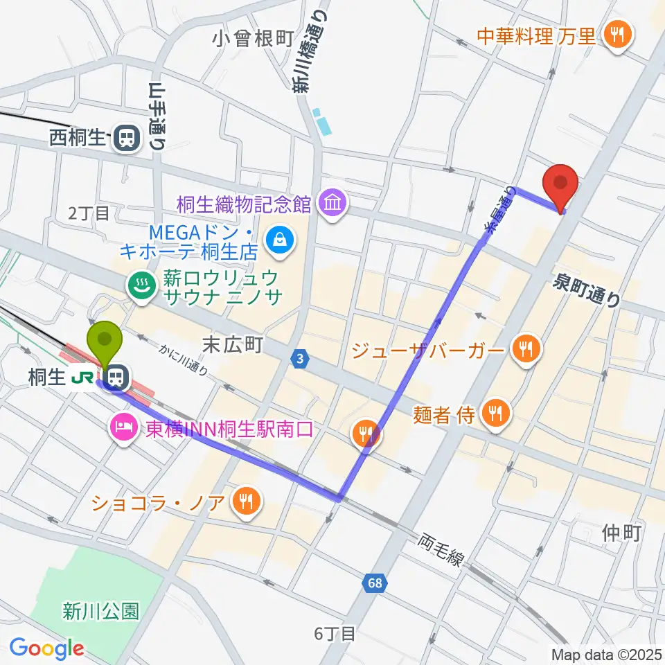 伊藤丈晃ヴァイオリン工房の最寄駅桐生駅からの徒歩ルート（約11分）地図