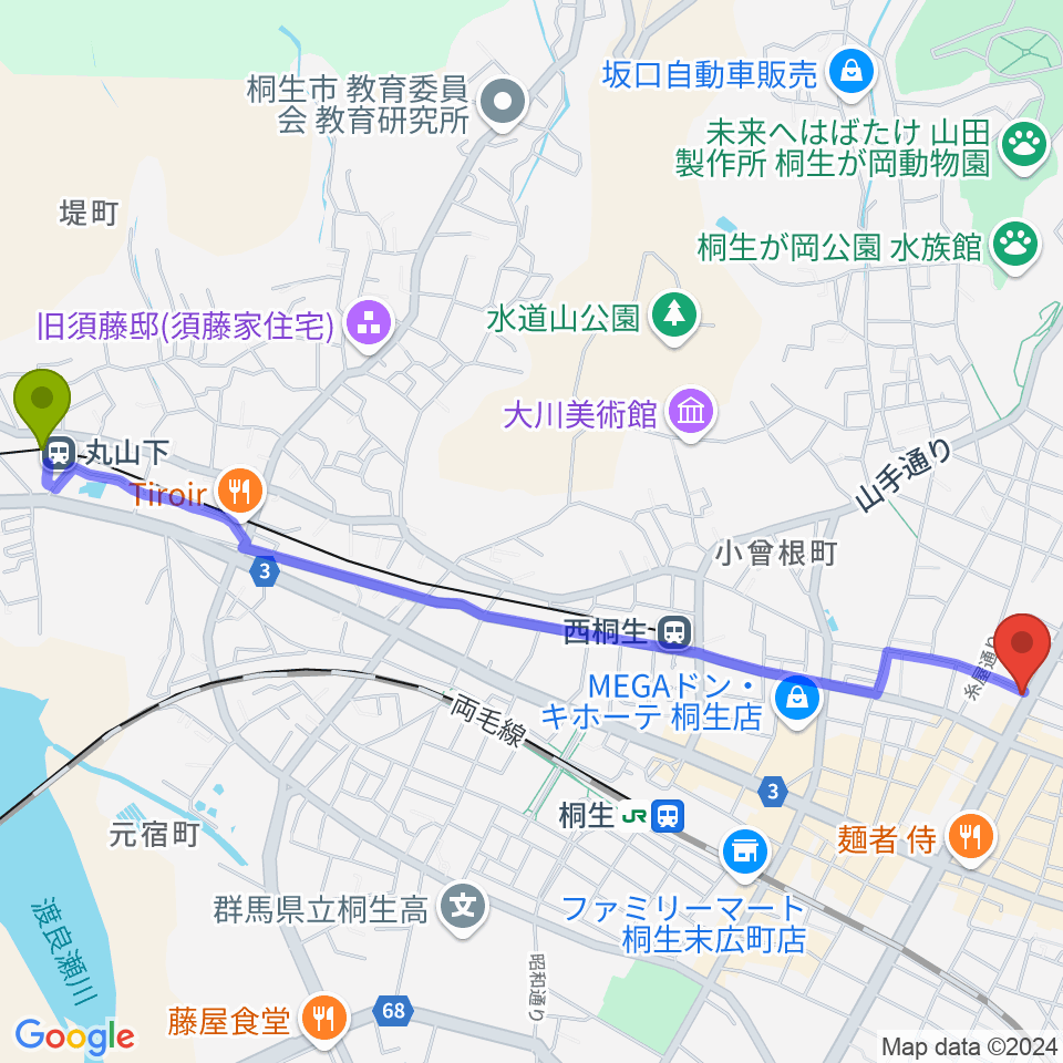 丸山下駅から伊藤丈晃ヴァイオリン工房へのルートマップ地図