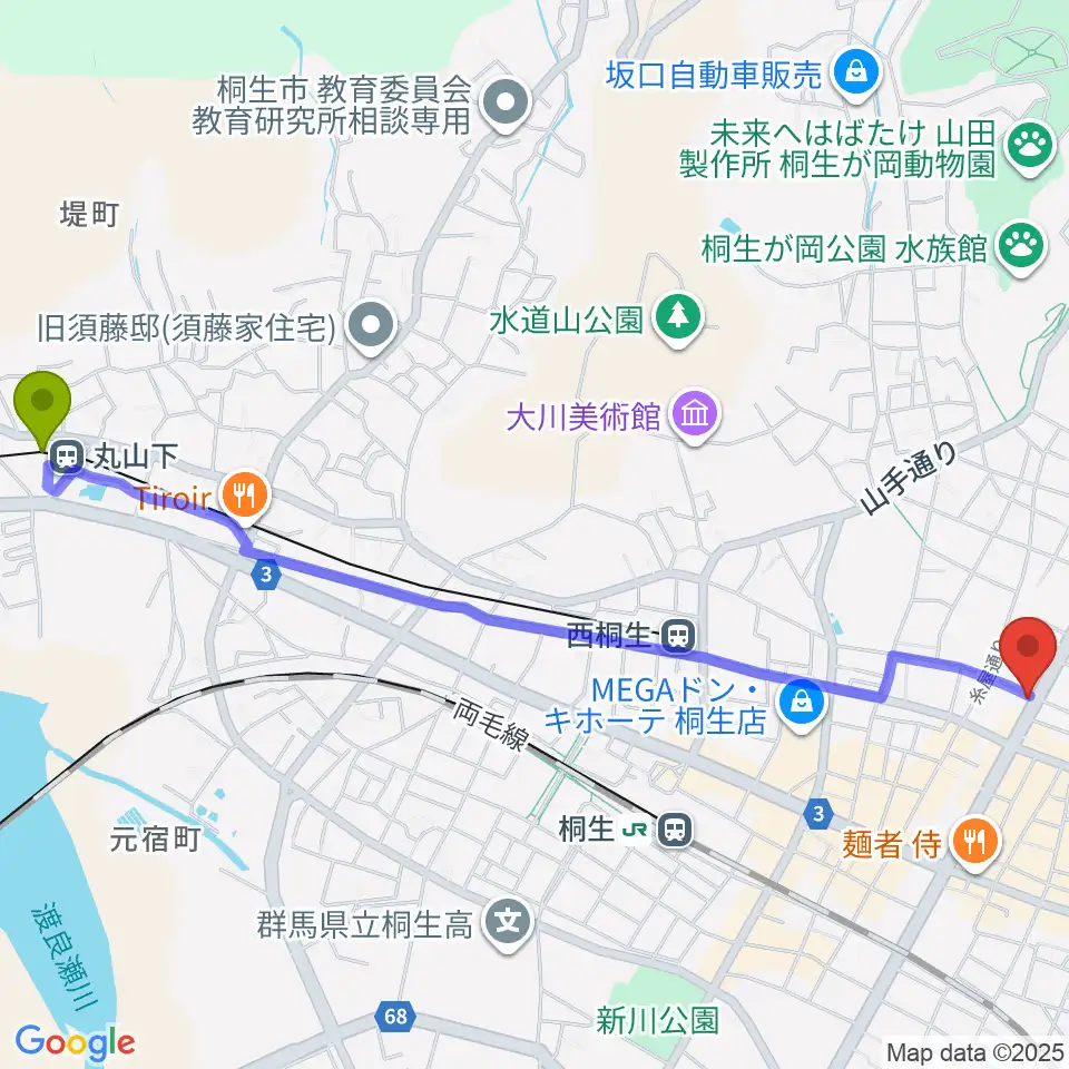 丸山下駅から伊藤丈晃ヴァイオリン工房へのルートマップ地図