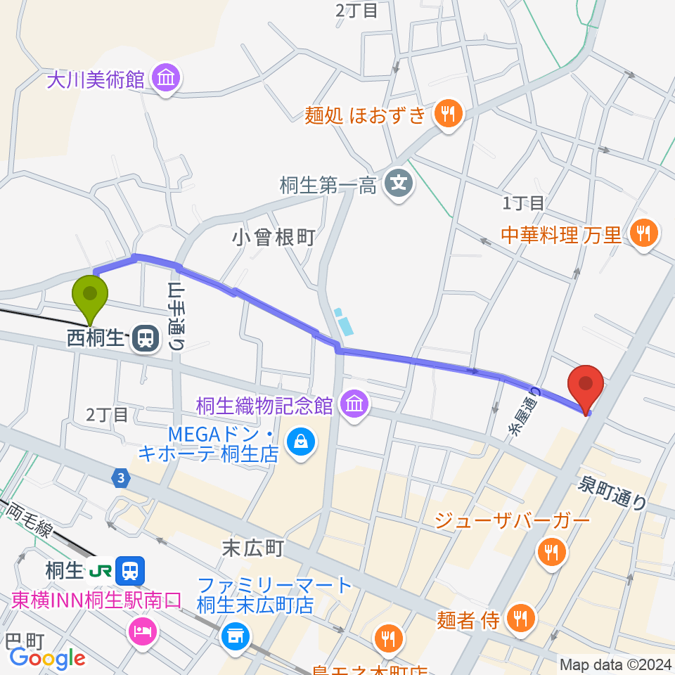 西桐生駅から伊藤丈晃ヴァイオリン工房へのルートマップ地図