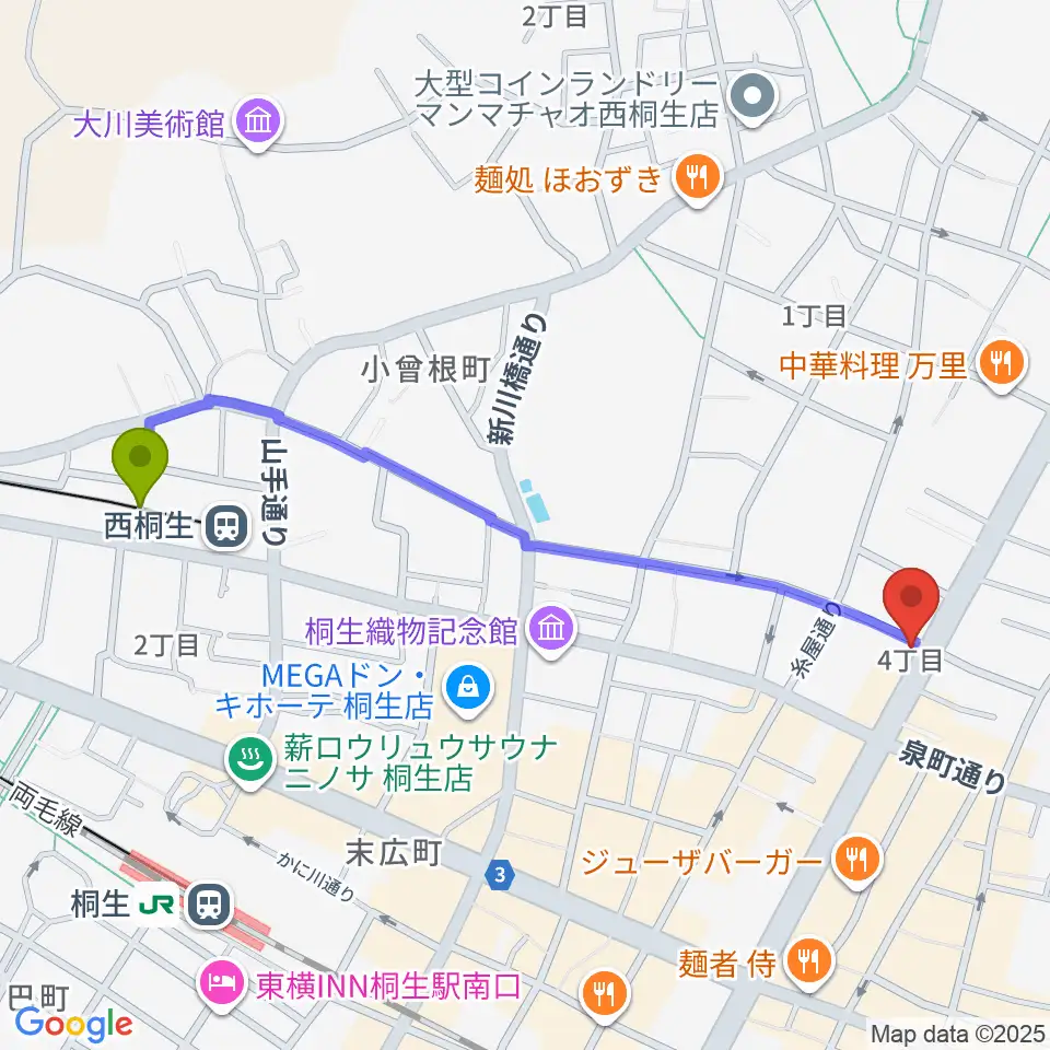 西桐生駅から伊藤丈晃ヴァイオリン工房へのルートマップ地図