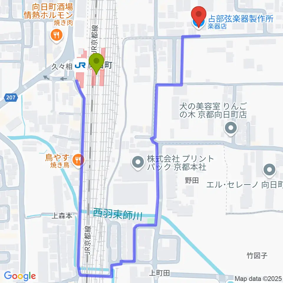 占部弦楽器製作所の最寄駅向日町駅からの徒歩ルート（約3分）地図