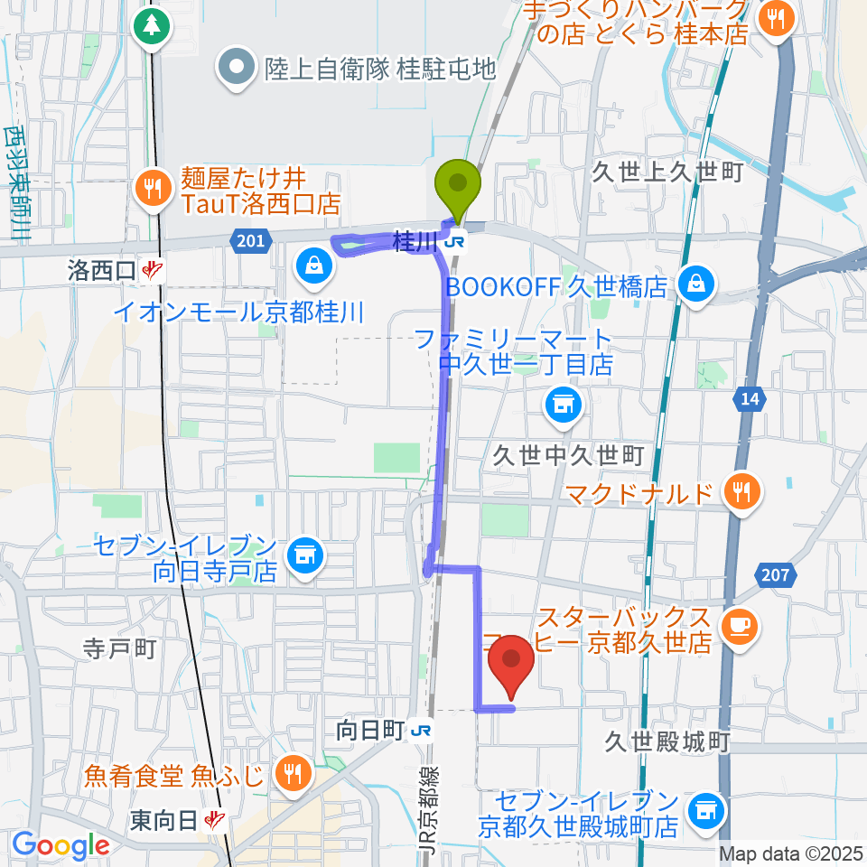 桂川駅から占部弦楽器製作所へのルートマップ地図